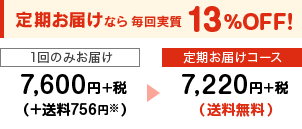 定期お届けなら毎回実質13％おFF! 1回のみお届け7,600円+税(+756円)→定期お届けコース7,220円+税(送料無料)