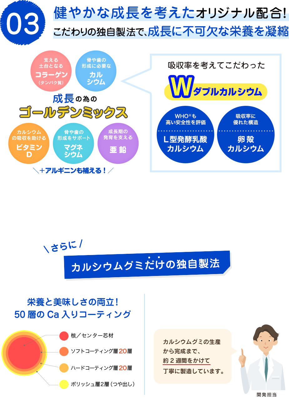 健やかな成長を考えたオリジナル配合！こだわりの独自製法で、成長に不可欠な栄養を凝縮