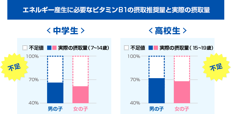 エネルギー産生に必要なビタミンB１の摂取推奨量と実際の摂取量